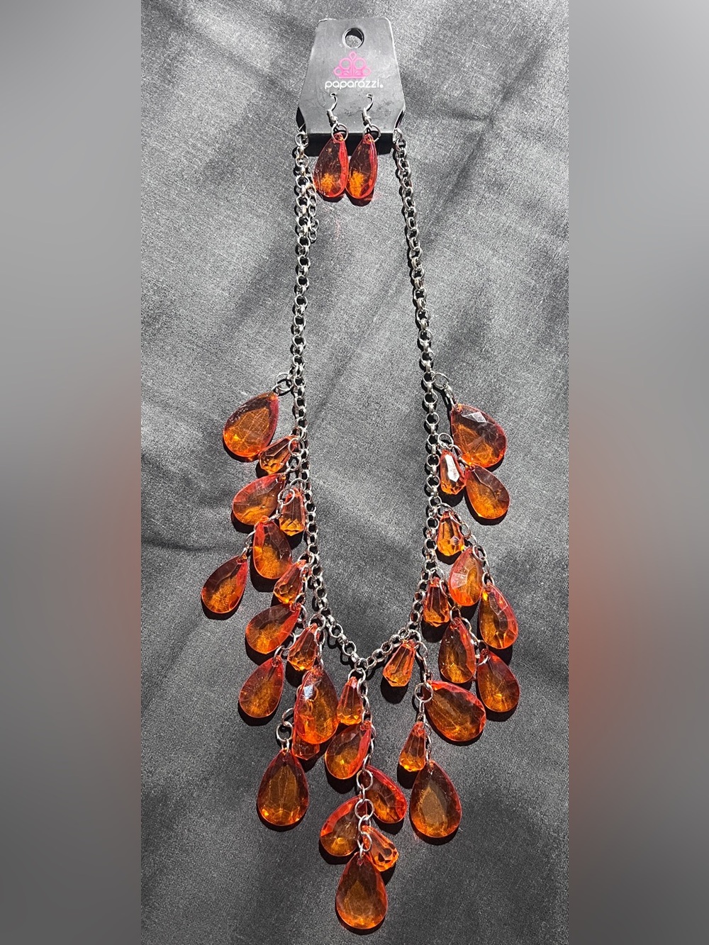 Paparazzi Amber Teardrop Cascade Necklace and Earrings Set